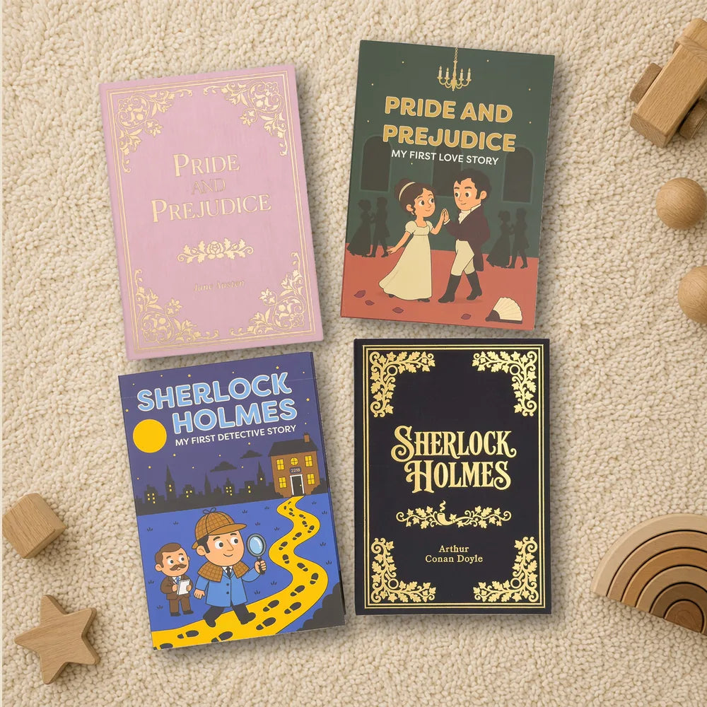 The Pride and Prejudice and Sherlock Holmes editions arranged on a play mat with wooden toys